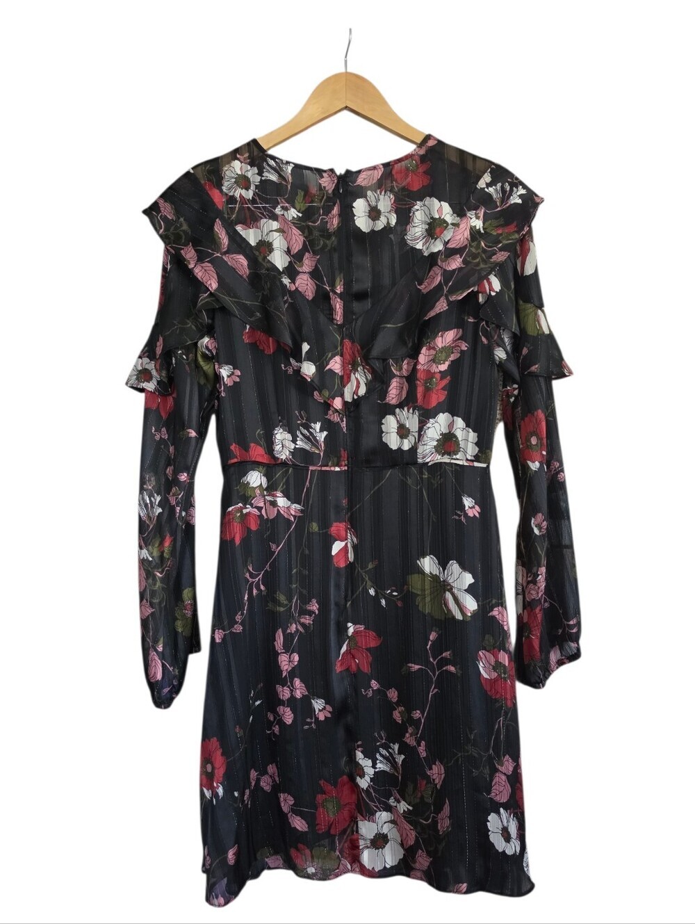 Adrianna Papell Black Floral Long-Sleeve Ruffle Dress with Pink & Red Blooms - Picture 2 of 9